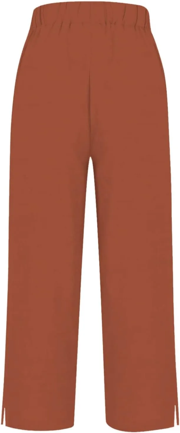 Women Linen Pants Solid Elastic Pants Long Drawstring Linen Women Waist Cotton Casual Slit Trouser Legs Slacks for