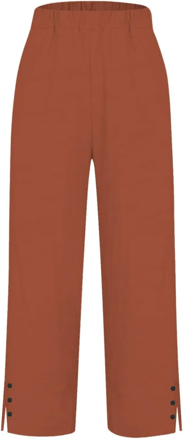 Women Linen Pants Solid Elastic Pants Long Drawstring Linen Women Waist Cotton Casual Slit Trouser Legs Slacks for