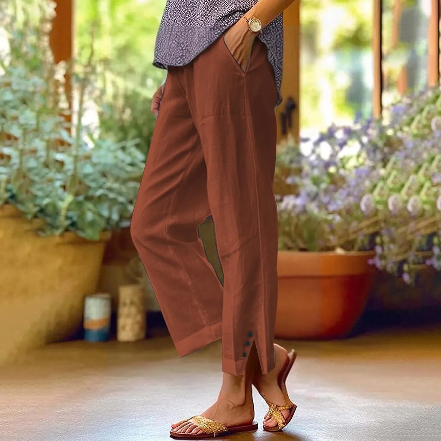 Women Linen Pants Solid Elastic Pants Long Drawstring Linen Women Waist Cotton Casual Slit Trouser Legs Slacks for