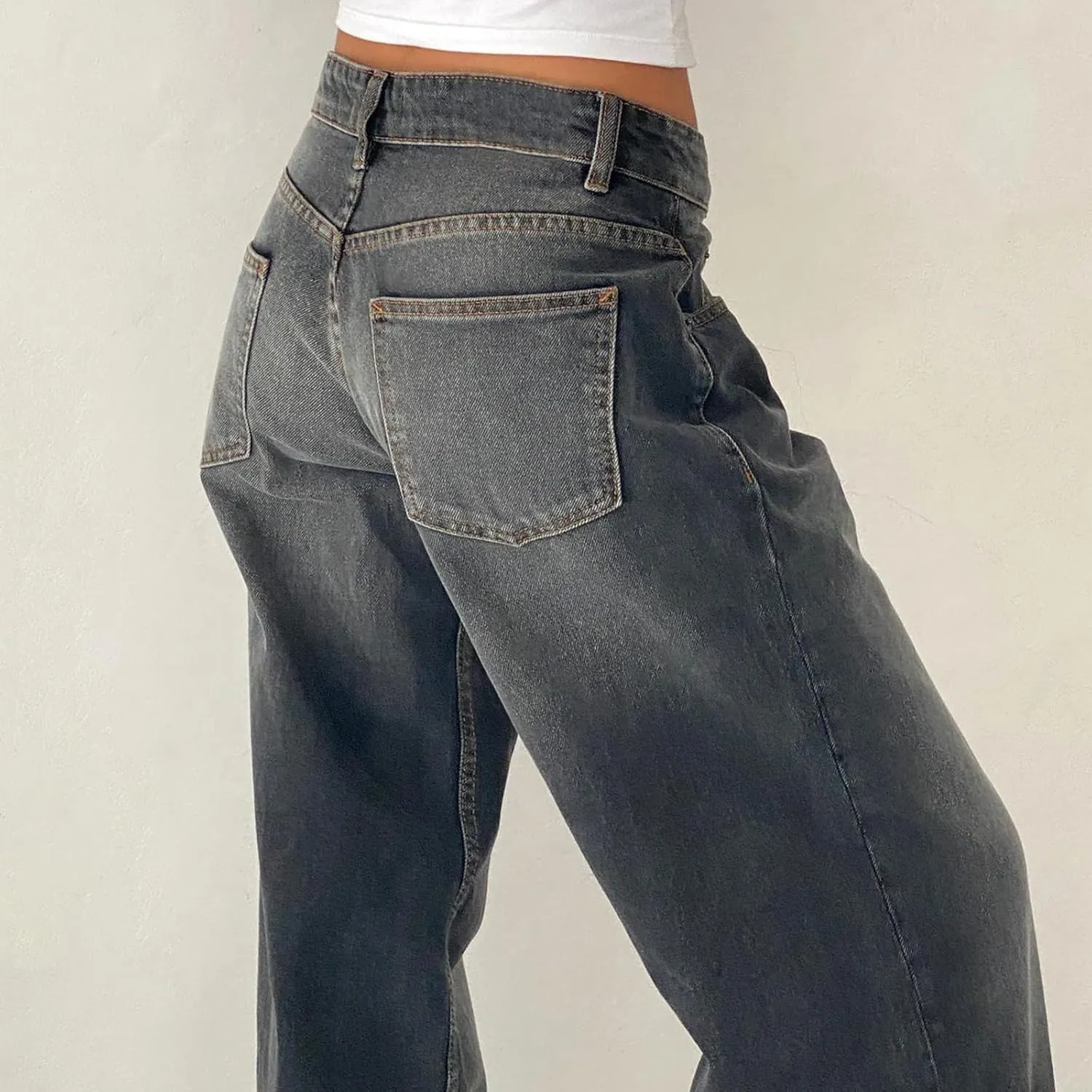 Women Low Rise Baggy Jeans Y2k Straight Wide Leg Boyfriend Viange Casual Denim Pants with Pockets