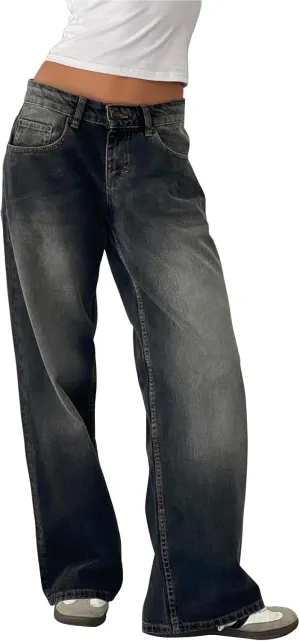 Women Low Rise Baggy Jeans Y2k Straight Wide Leg Boyfriend Viange Casual Denim Pants with Pockets
