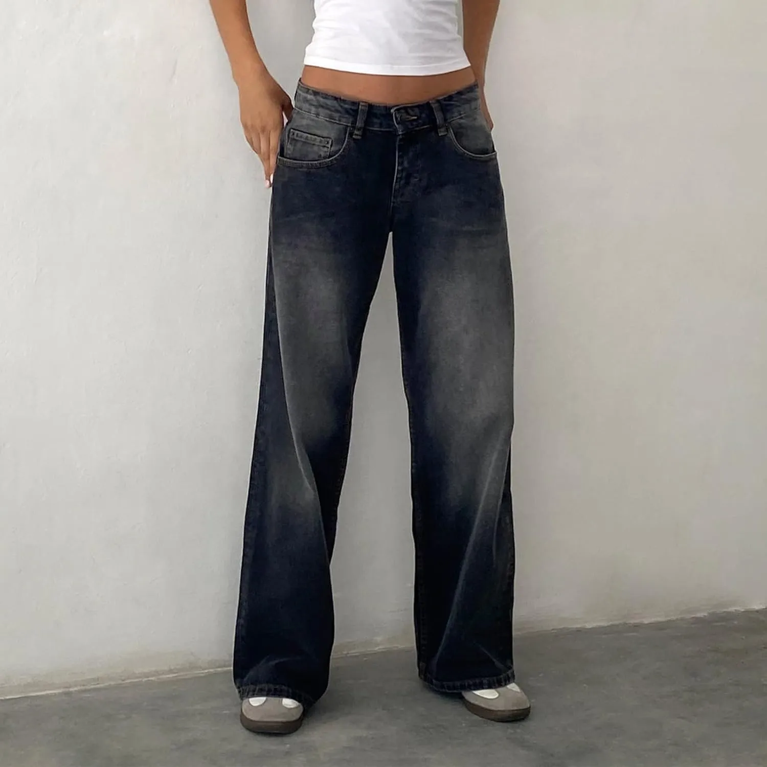 Women Low Rise Baggy Jeans Y2k Straight Wide Leg Boyfriend Viange Casual Denim Pants with Pockets