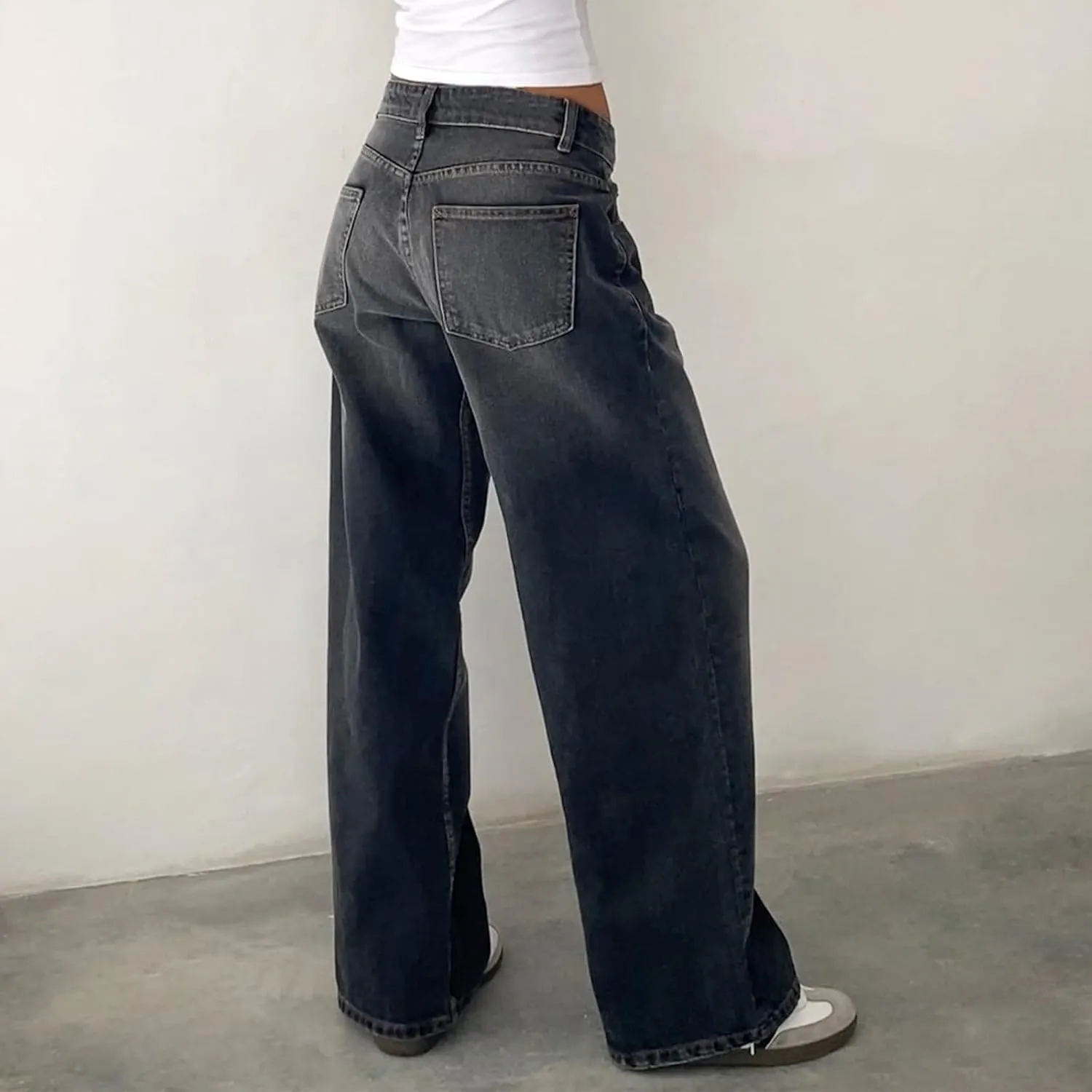 Women Low Rise Baggy Jeans Y2k Straight Wide Leg Boyfriend Viange Casual Denim Pants with Pockets