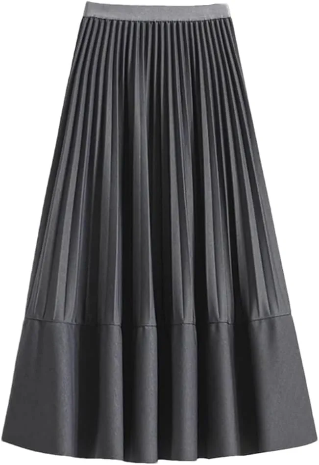Women Mid-Length Pleated Skirt Autumn All-Match Solid A Line High Waist Midi Long Skirt