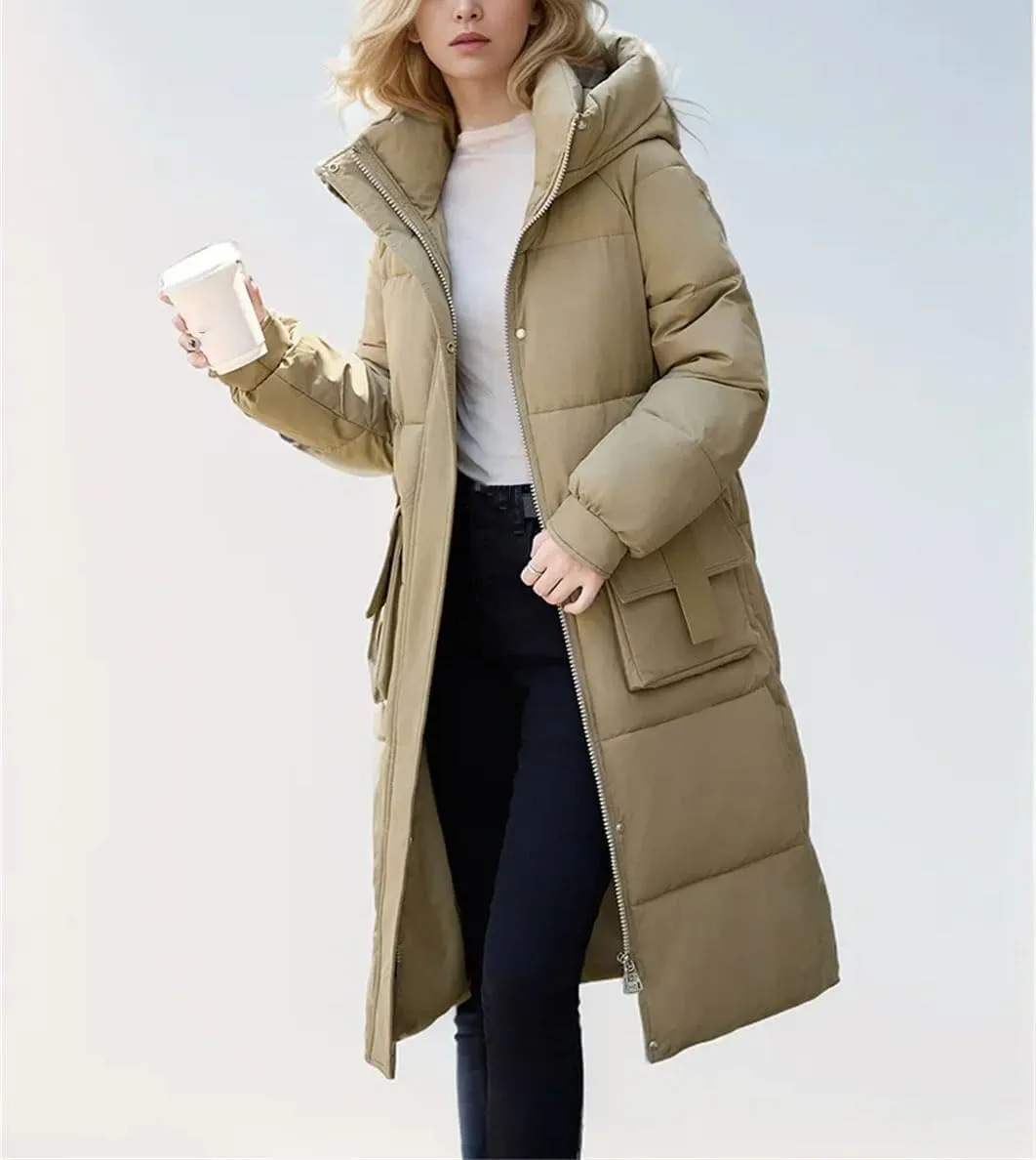 Women Solid Hooded Casual Parka Coat Vintage Zipper Stand Collar Cotton-Padded Jacket