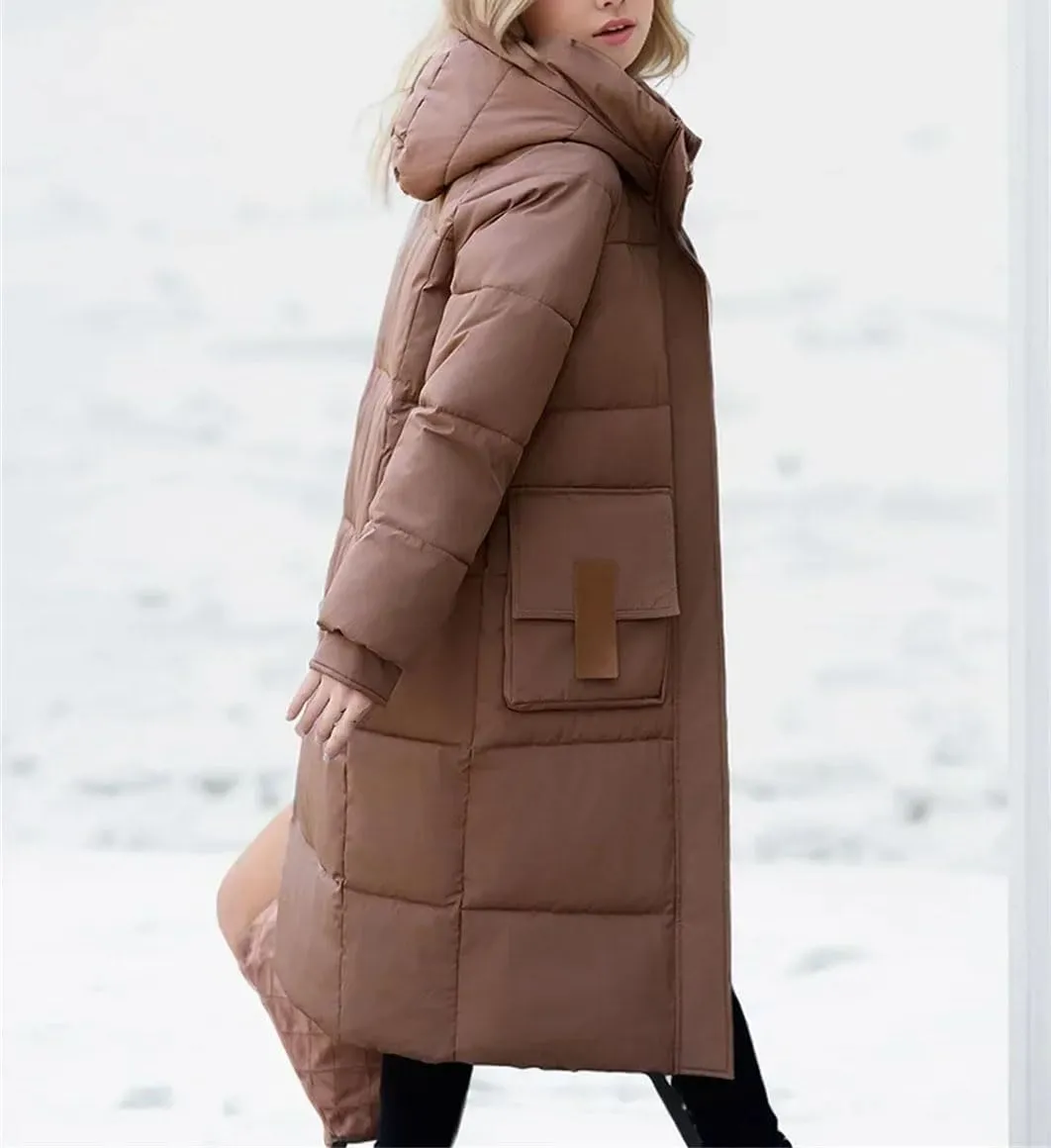 Women Solid Hooded Casual Parka Coat Vintage Zipper Stand Collar Cotton-Padded Jacket