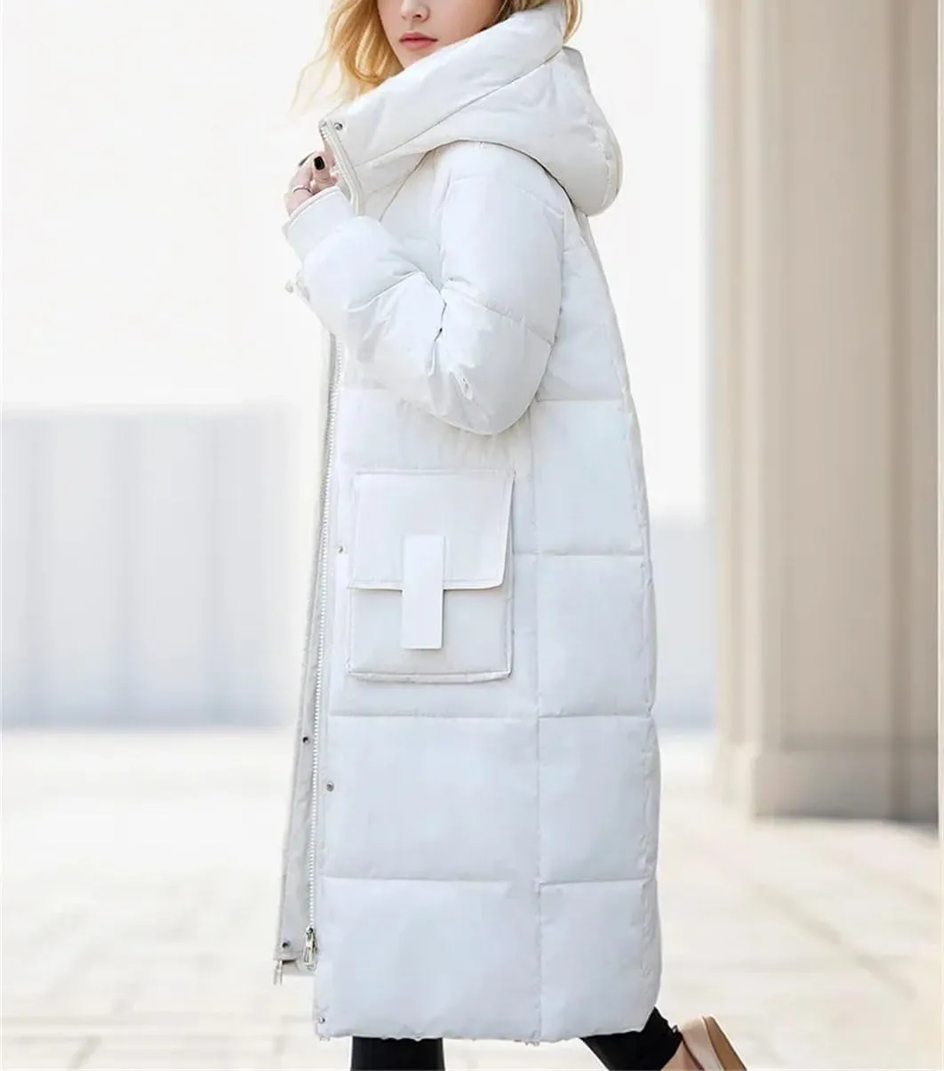 Women Solid Hooded Casual Parka Coat Vintage Zipper Stand Collar Cotton-Padded Jacket