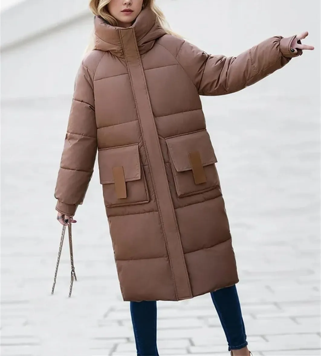 Women Solid Hooded Casual Parka Coat Vintage Zipper Stand Collar Cotton-Padded Jacket