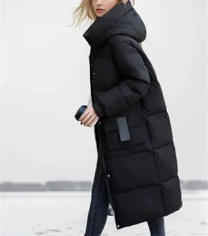 Women Solid Hooded Casual Parka Coat Vintage Zipper Stand Collar Cotton-Padded Jacket