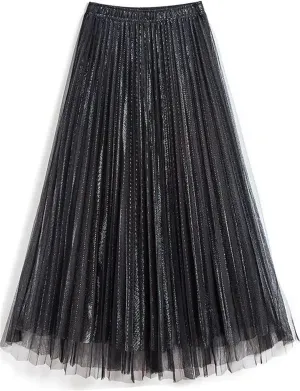 Women Spring Fall Pleated Midi Skirt High Waist Elasticity Casual Party Maxi Long Skirt