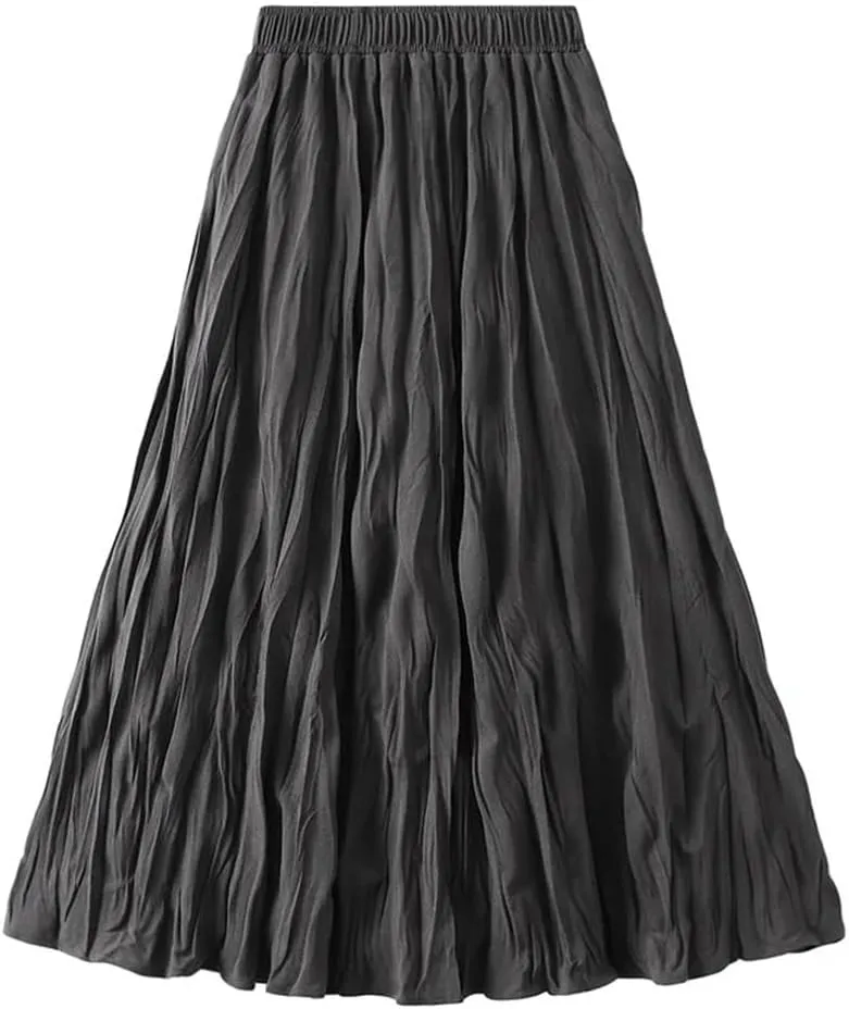 Women Spring Summer Casual High Waist A-Line Long Skirts Solid Color Pleated Midi Skirt