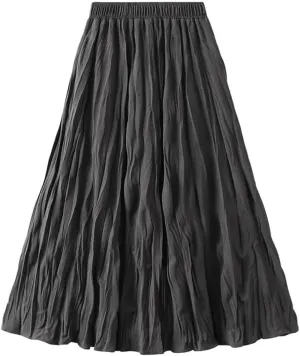 Women Spring Summer Casual High Waist A-Line Long Skirts Solid Color Pleated Midi Skirt