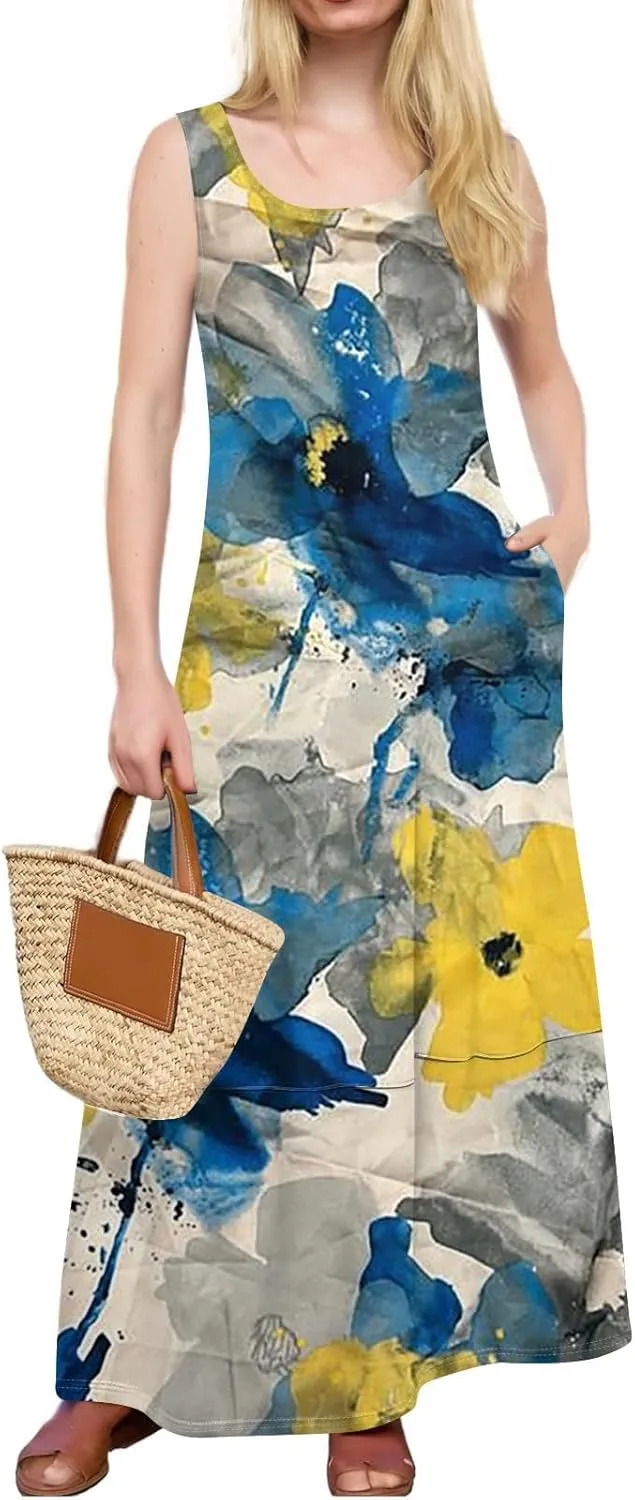 Women Summer Dresses 2025 Casual Round Neck Maxi Dress Sleeveless Floral Sundresses Beach Loose Tank Dress with Pockets