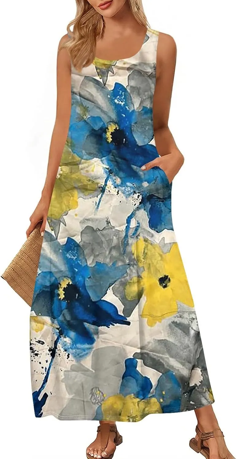 Women Summer Dresses 2025 Casual Round Neck Maxi Dress Sleeveless Floral Sundresses Beach Loose Tank Dress with Pockets