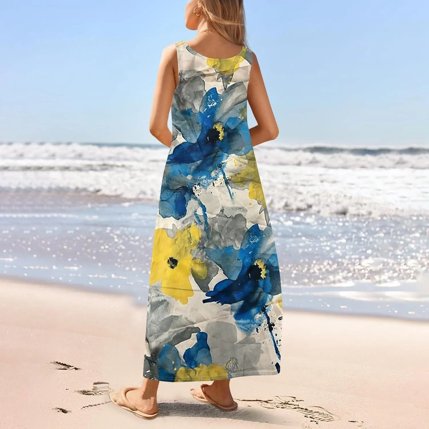 Women Summer Dresses 2025 Casual Round Neck Maxi Dress Sleeveless Floral Sundresses Beach Loose Tank Dress with Pockets