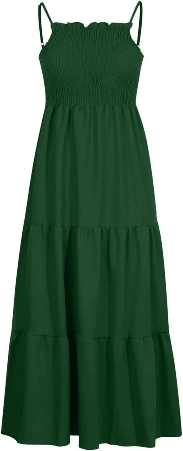 Women Summer Spaghetti Strap Maxi Dress Smocked Ruffle Swing Sundress Flowy Boho Beach Dresses Vacation Midi