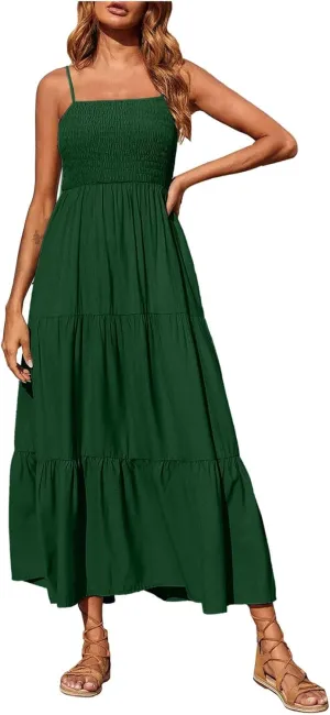 Women Summer Spaghetti Strap Maxi Dress Smocked Ruffle Swing Sundress Flowy Boho Beach Dresses Vacation Midi