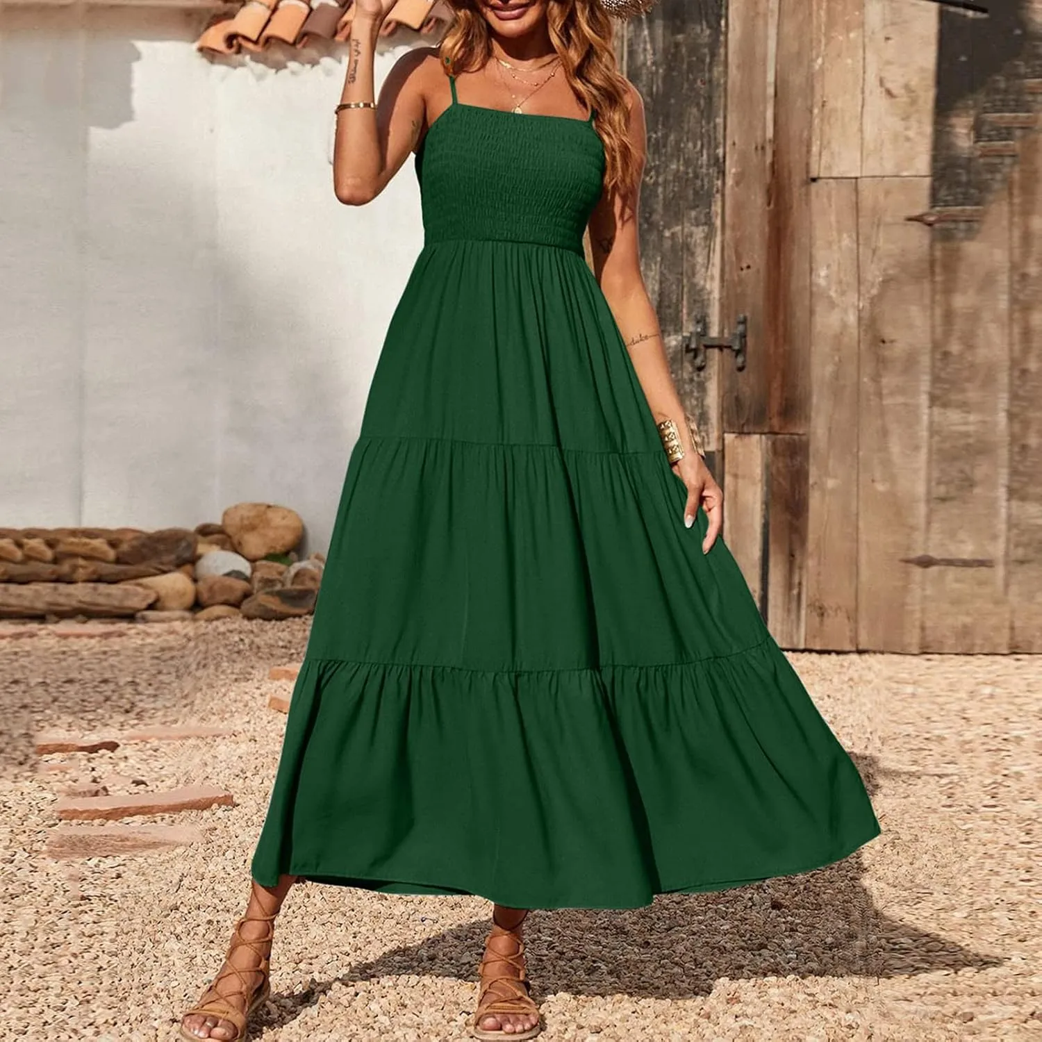Women Summer Spaghetti Strap Maxi Dress Smocked Ruffle Swing Sundress Flowy Boho Beach Dresses Vacation Midi