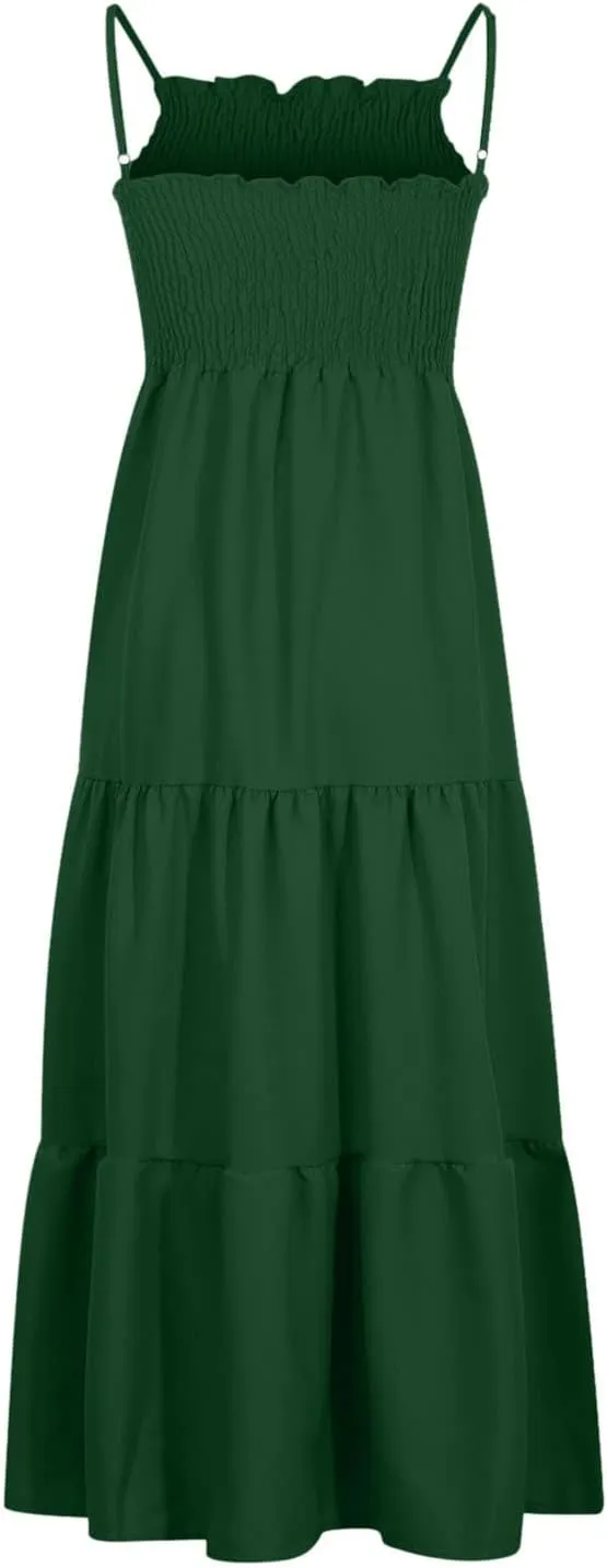 Women Summer Spaghetti Strap Maxi Dress Smocked Ruffle Swing Sundress Flowy Boho Beach Dresses Vacation Midi