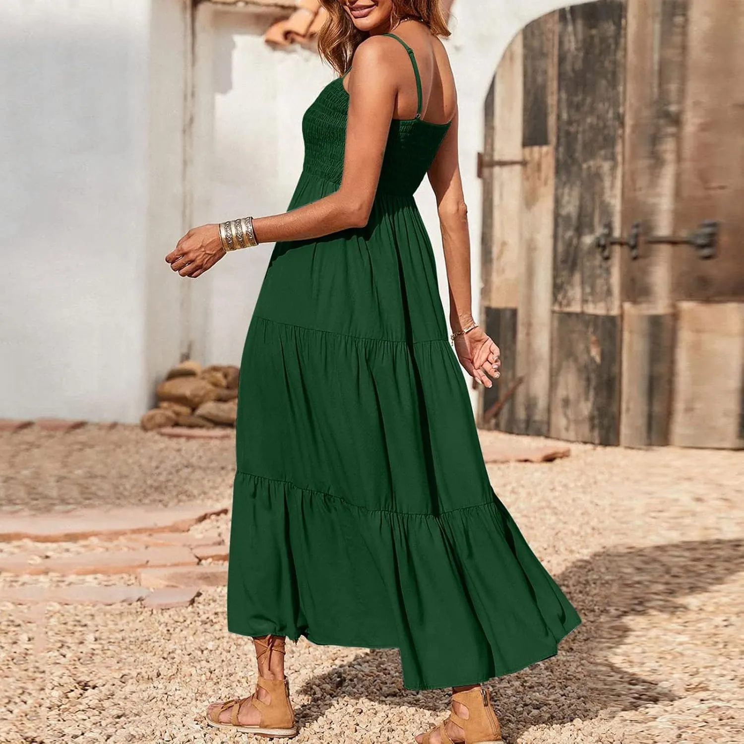 Women Summer Spaghetti Strap Maxi Dress Smocked Ruffle Swing Sundress Flowy Boho Beach Dresses Vacation Midi