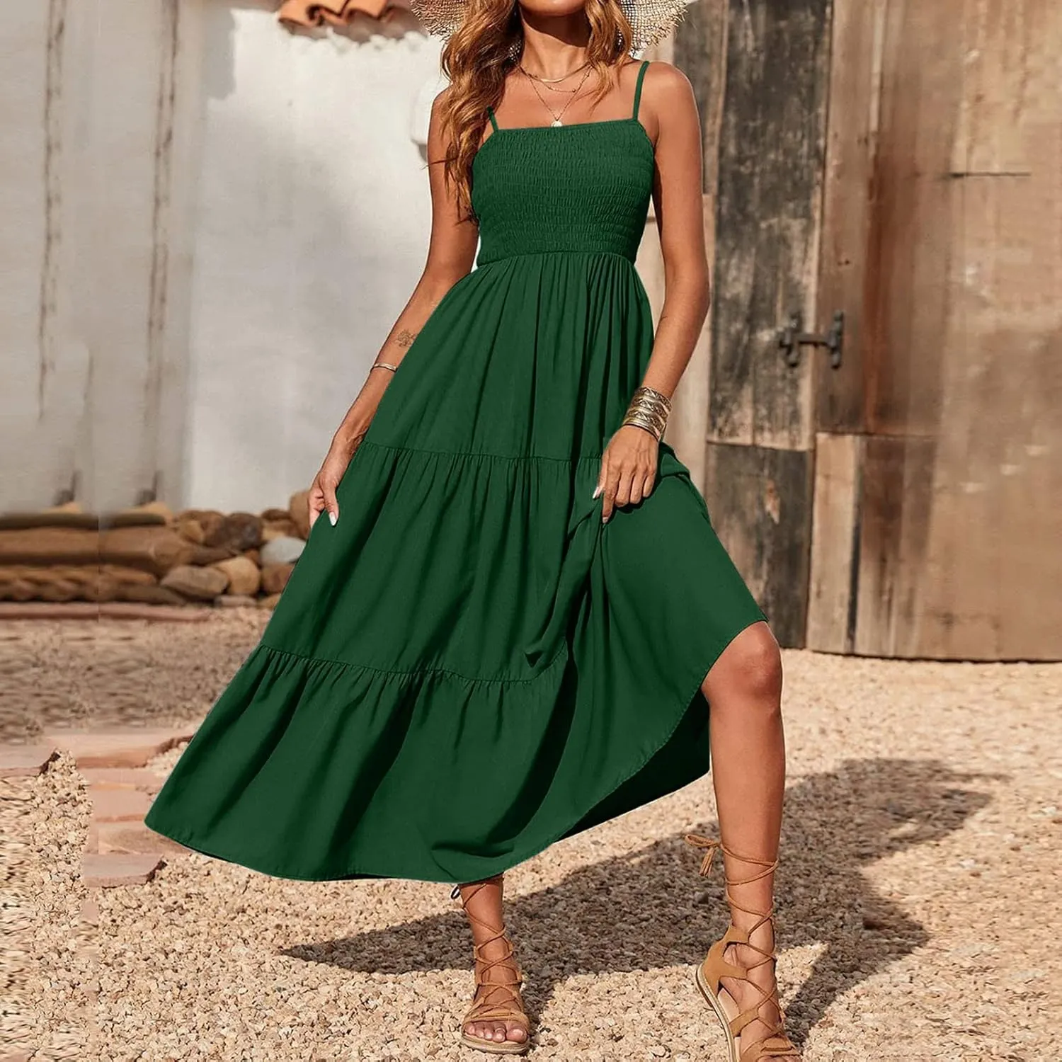 Women Summer Spaghetti Strap Maxi Dress Smocked Ruffle Swing Sundress Flowy Boho Beach Dresses Vacation Midi