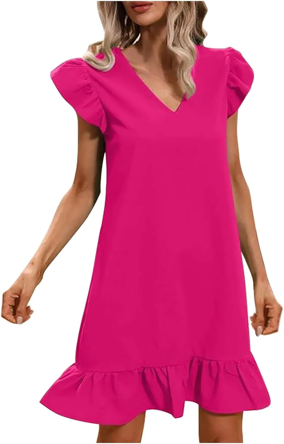 Women Summer V Neck Dress Sleeveless Ruffle Sleeve Swing Beach Solid Loose Short Flowy Pleated Mini Babydoll Dress