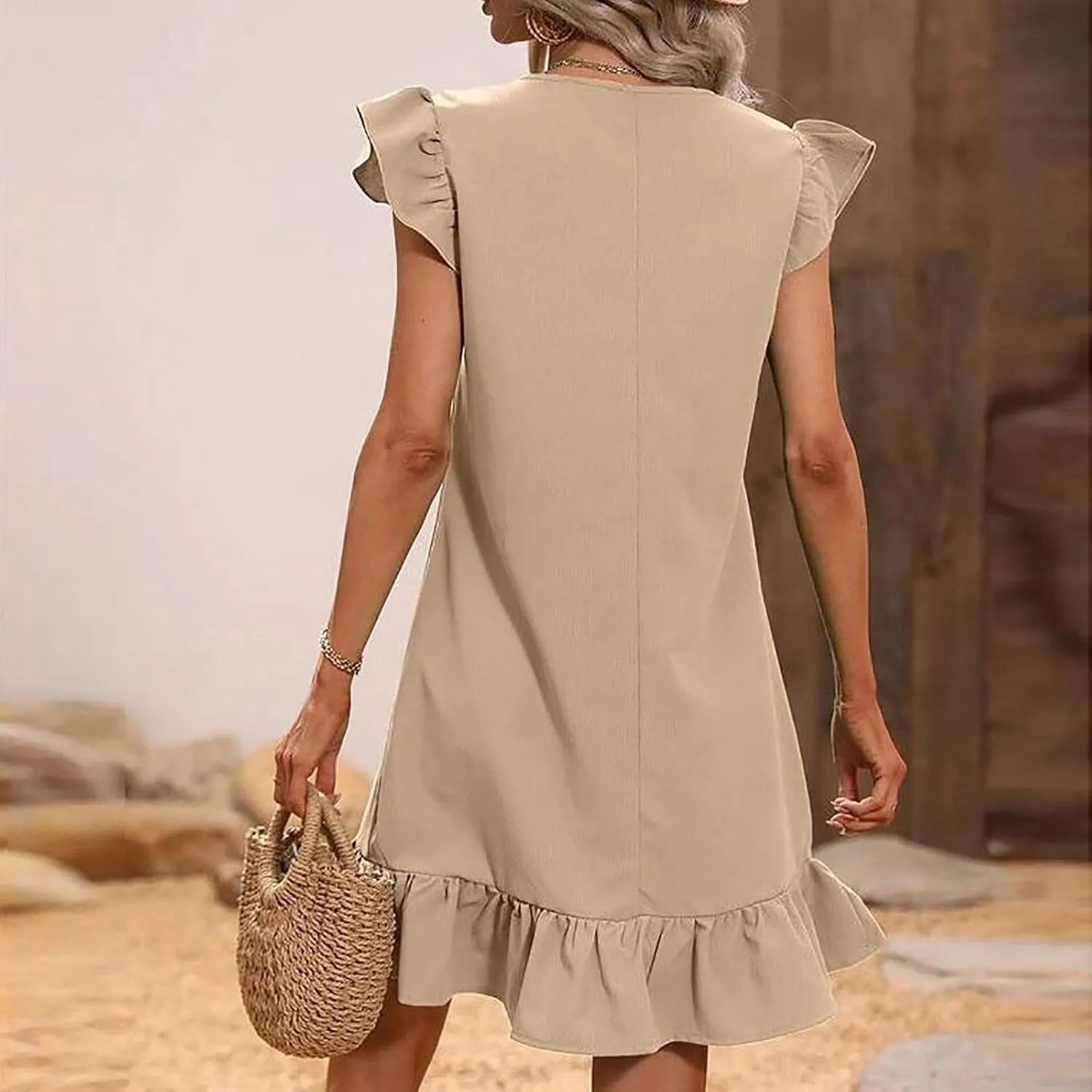 Women Summer V Neck Dress Sleeveless Ruffle Sleeve Swing Beach Solid Loose Short Flowy Pleated Mini Babydoll Dress