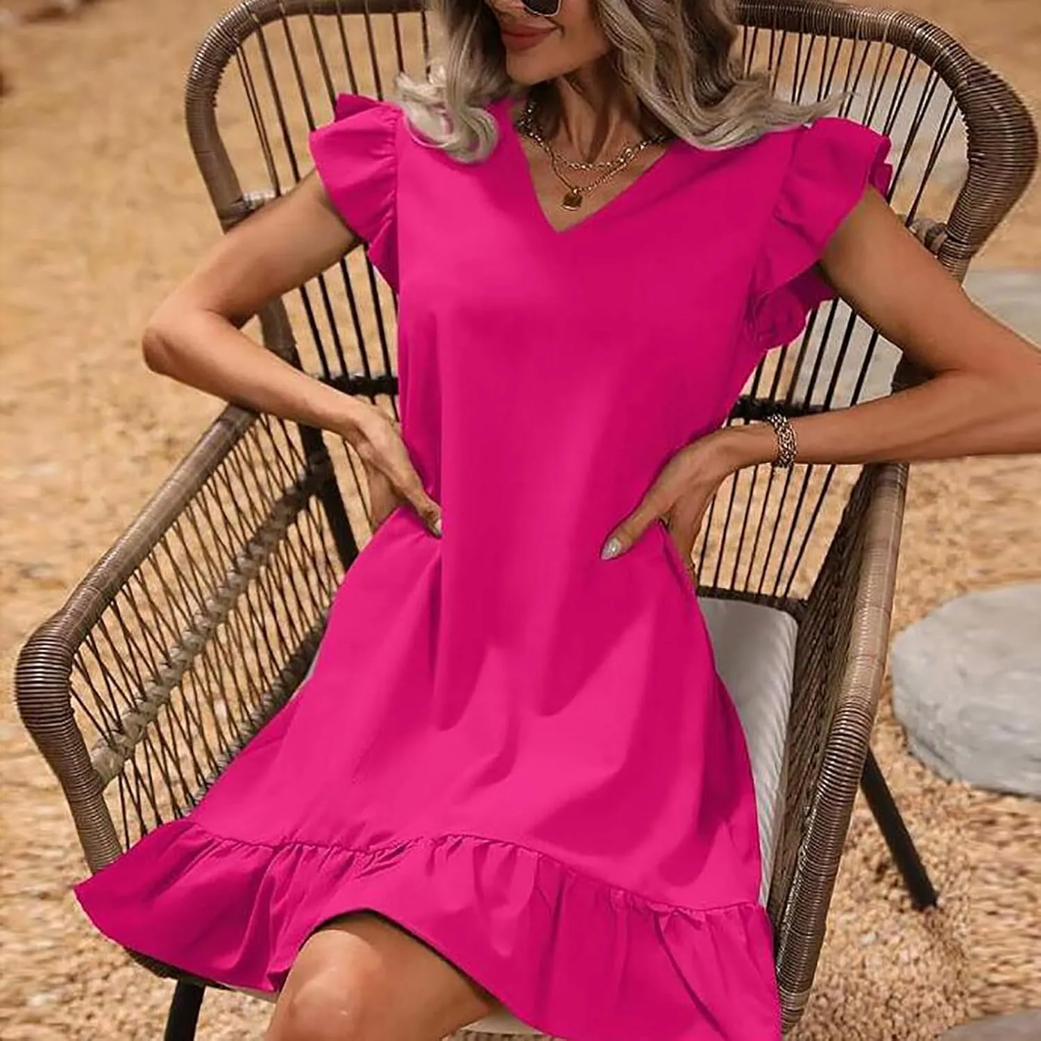 Women Summer V Neck Dress Sleeveless Ruffle Sleeve Swing Beach Solid Loose Short Flowy Pleated Mini Babydoll Dress