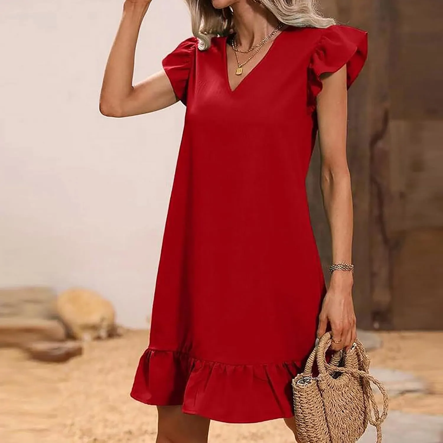 Women Summer V Neck Dress Sleeveless Ruffle Sleeve Swing Beach Solid Loose Short Flowy Pleated Mini Babydoll Dress