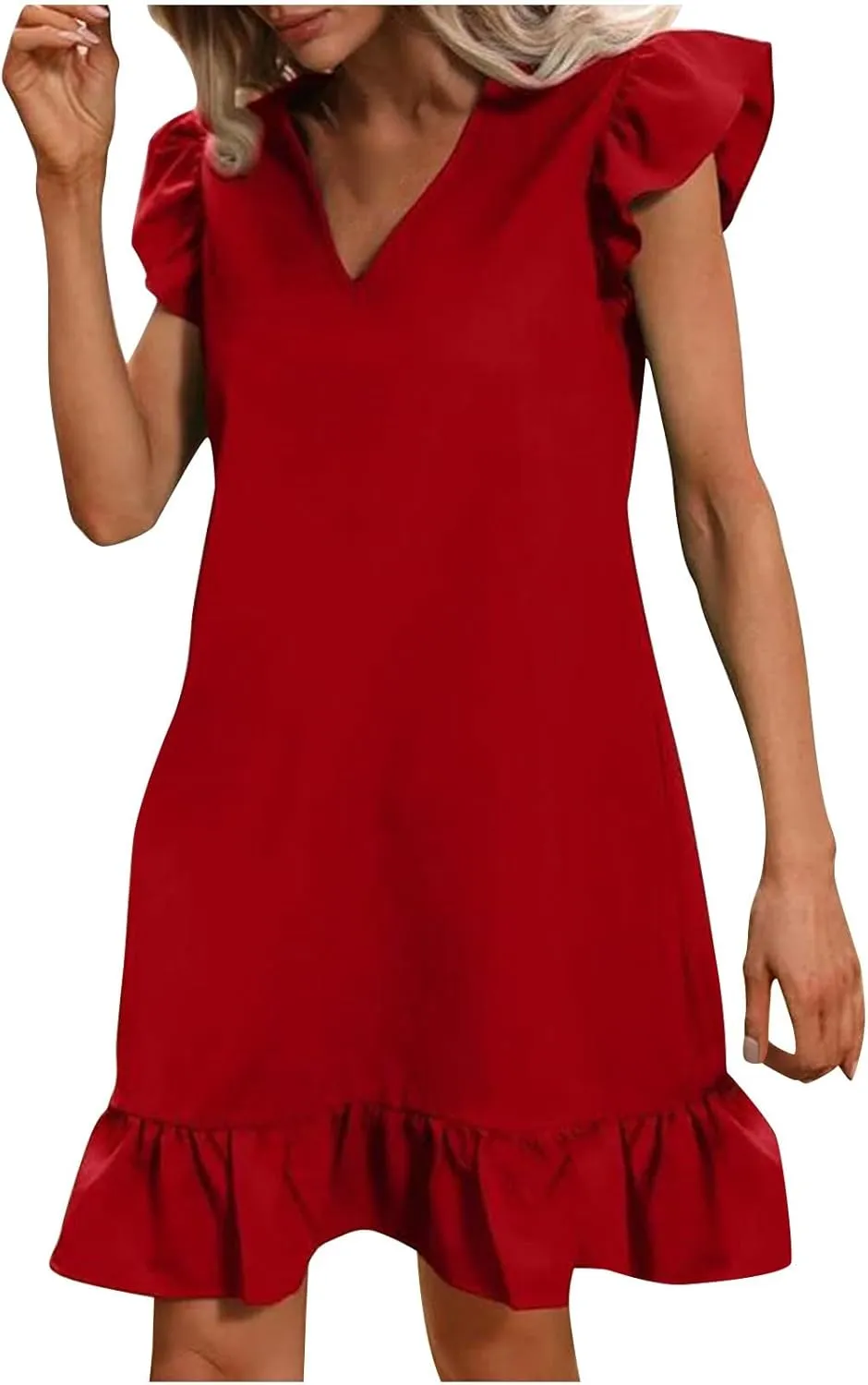 Women Summer V Neck Dress Sleeveless Ruffle Sleeve Swing Beach Solid Loose Short Flowy Pleated Mini Babydoll Dress