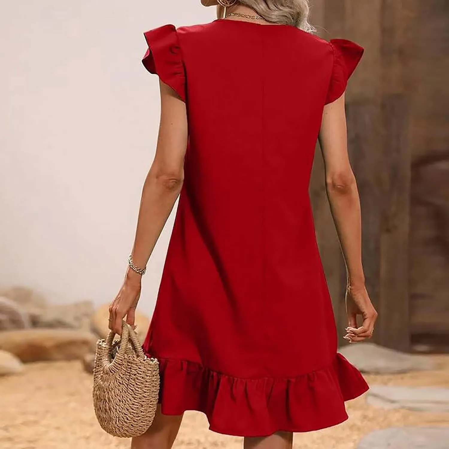 Women Summer V Neck Dress Sleeveless Ruffle Sleeve Swing Beach Solid Loose Short Flowy Pleated Mini Babydoll Dress