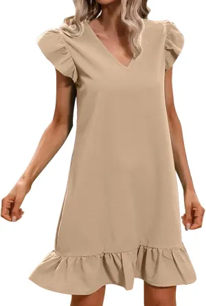 Women Summer V Neck Dress Sleeveless Ruffle Sleeve Swing Beach Solid Loose Short Flowy Pleated Mini Babydoll Dress