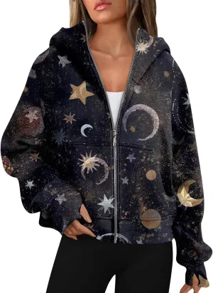 Women Zip Up Hoodie Fall Crop Top Thumb Hole Patterned Cute Hoodies Winter Vintage Long Sleeve Clothes With Pockets