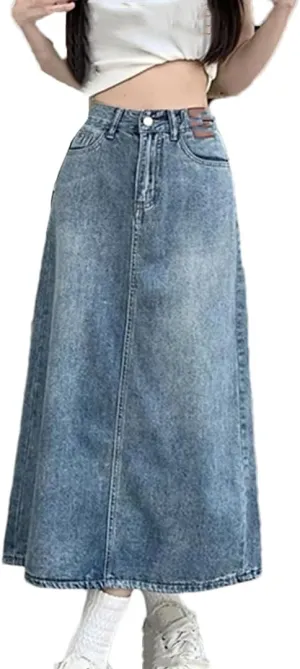 Women's Back Split High Waisted Midi Denim Skirts with Pockets Vintage A-Line Pencil Jeans Skirt