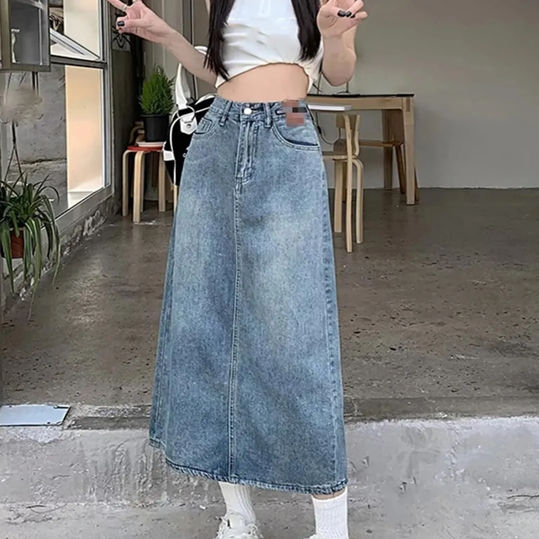 Women's Back Split High Waisted Midi Denim Skirts with Pockets Vintage A-Line Pencil Jeans Skirt