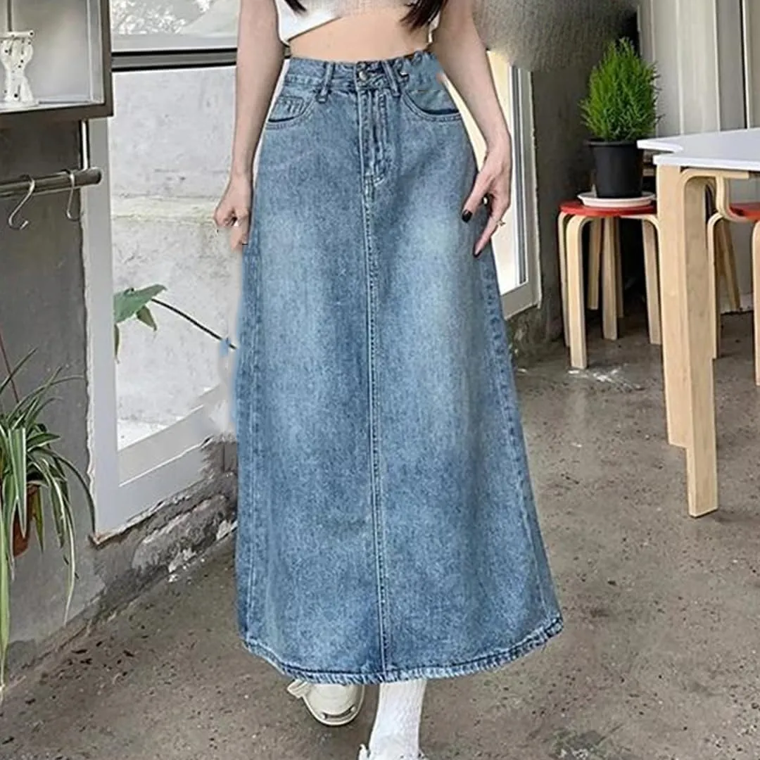 Women's Back Split High Waisted Midi Denim Skirts with Pockets Vintage A-Line Pencil Jeans Skirt