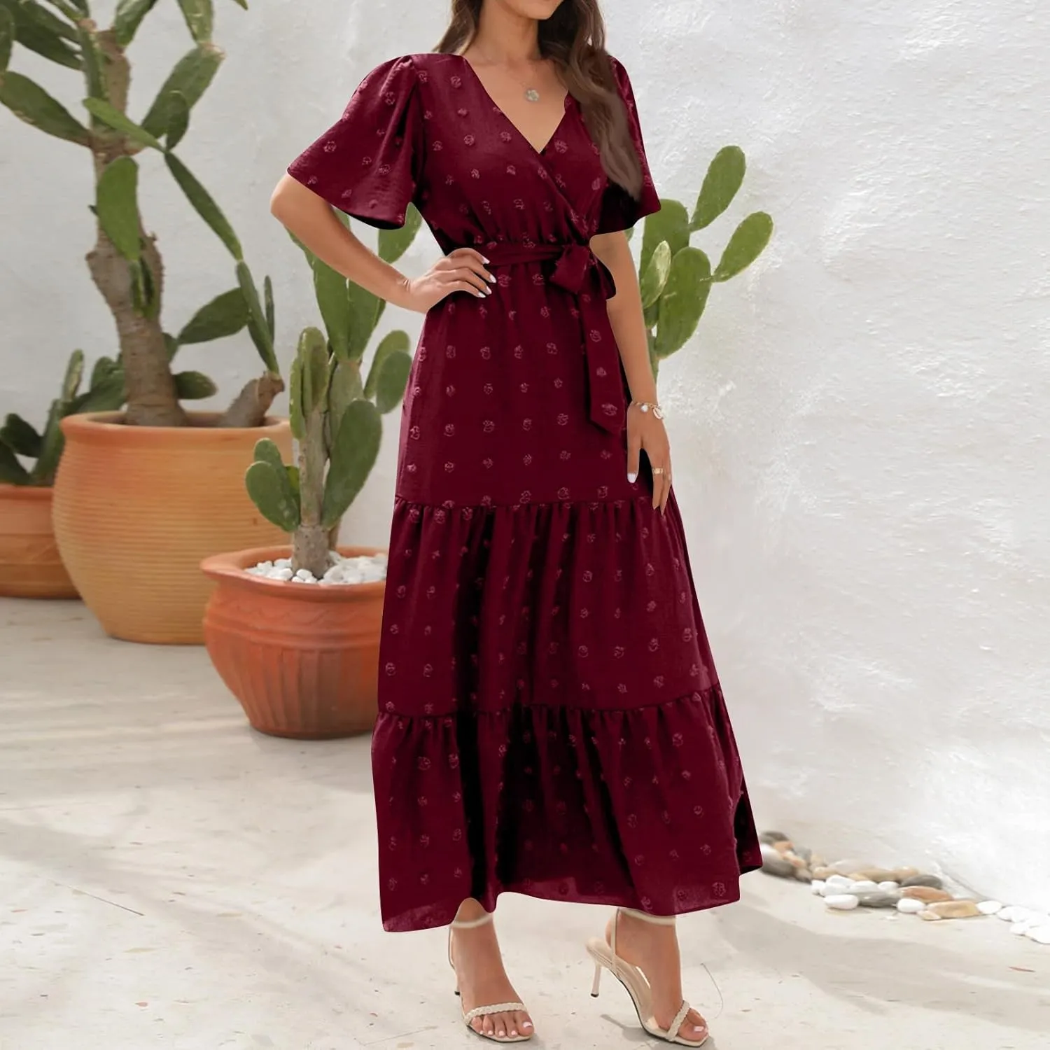 Womens Boho Swiss Dot Maxi Dresses Summer Wrap V Neck Flutter Short Sleeve Tie Belt A Line Tiered Flowy Long Dress