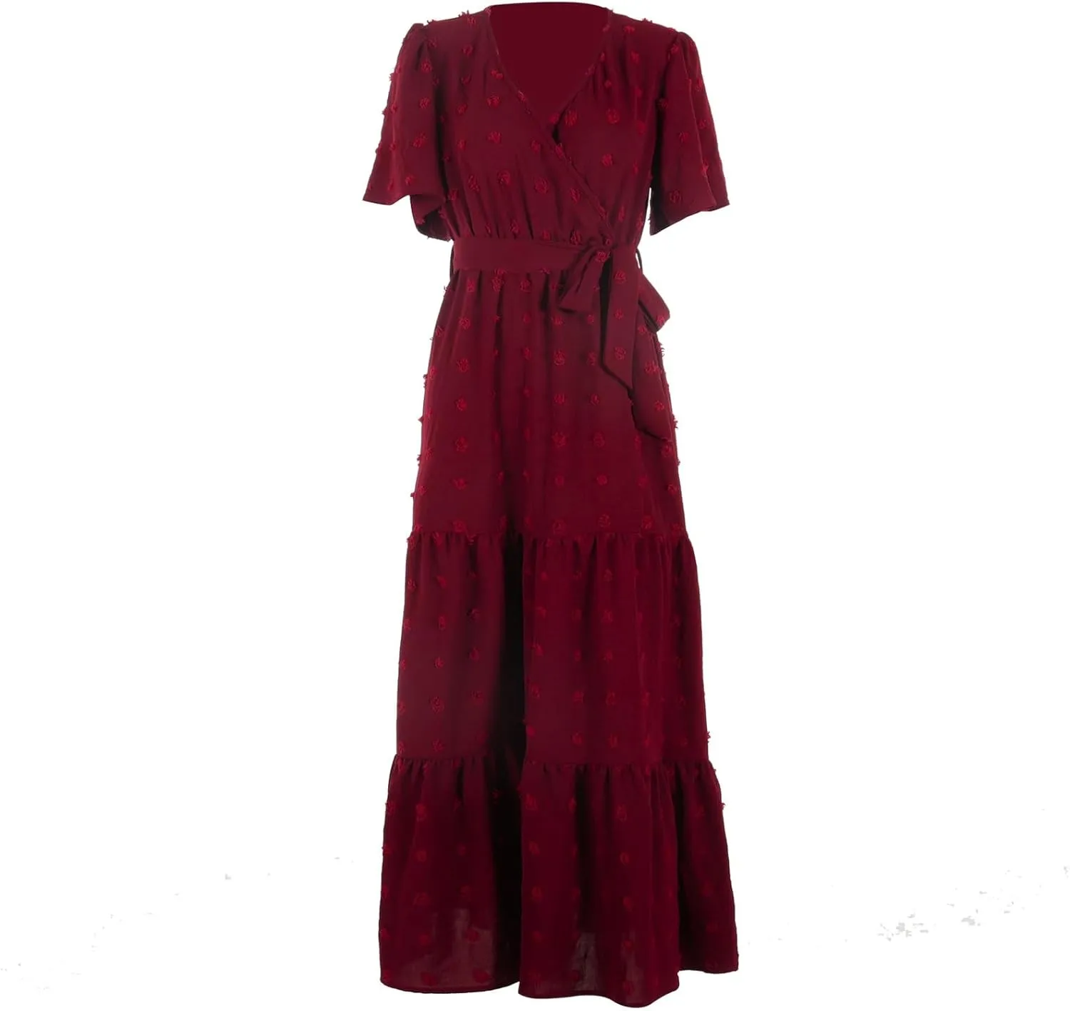 Womens Boho Swiss Dot Maxi Dresses Summer Wrap V Neck Flutter Short Sleeve Tie Belt A Line Tiered Flowy Long Dress