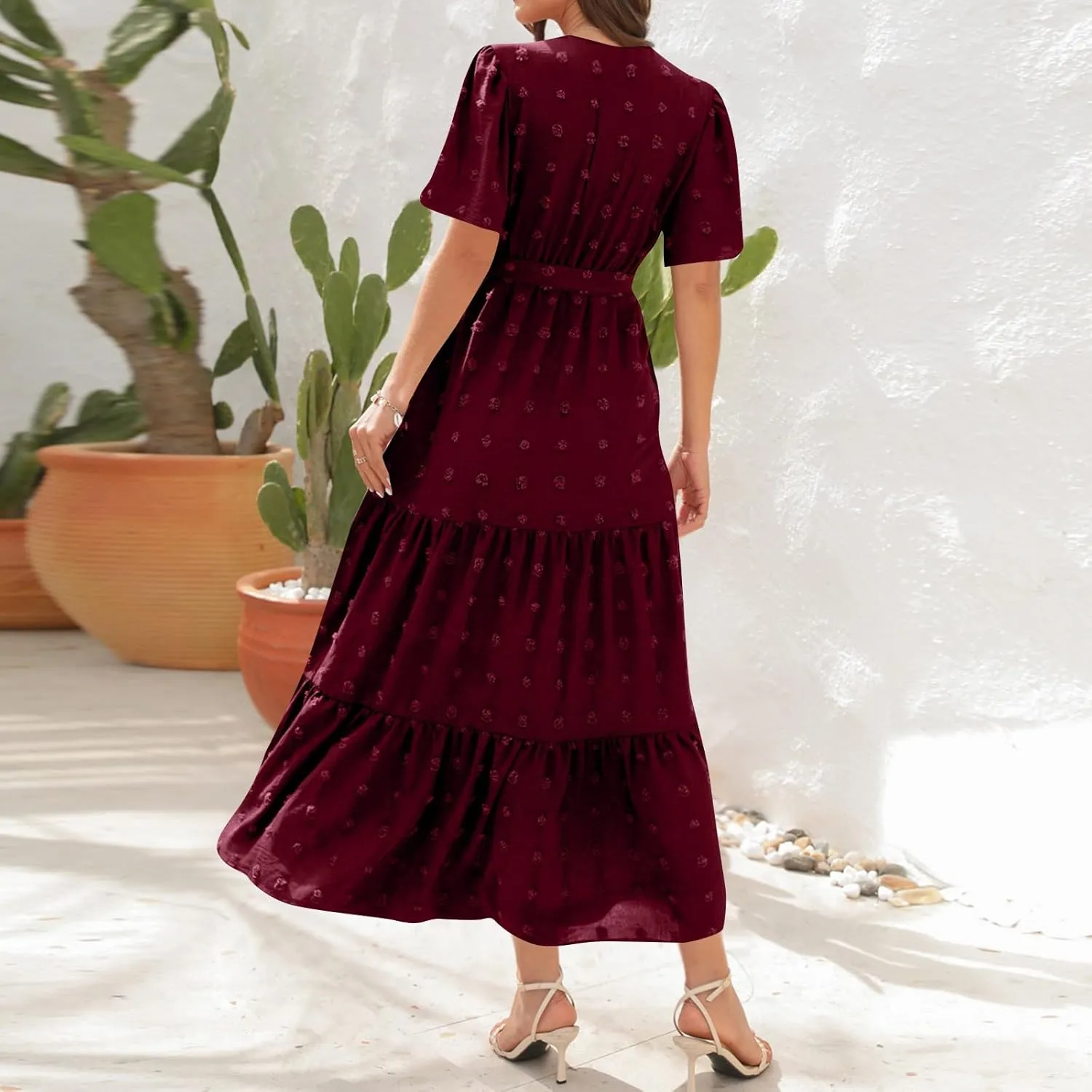 Womens Boho Swiss Dot Maxi Dresses Summer Wrap V Neck Flutter Short Sleeve Tie Belt A Line Tiered Flowy Long Dress