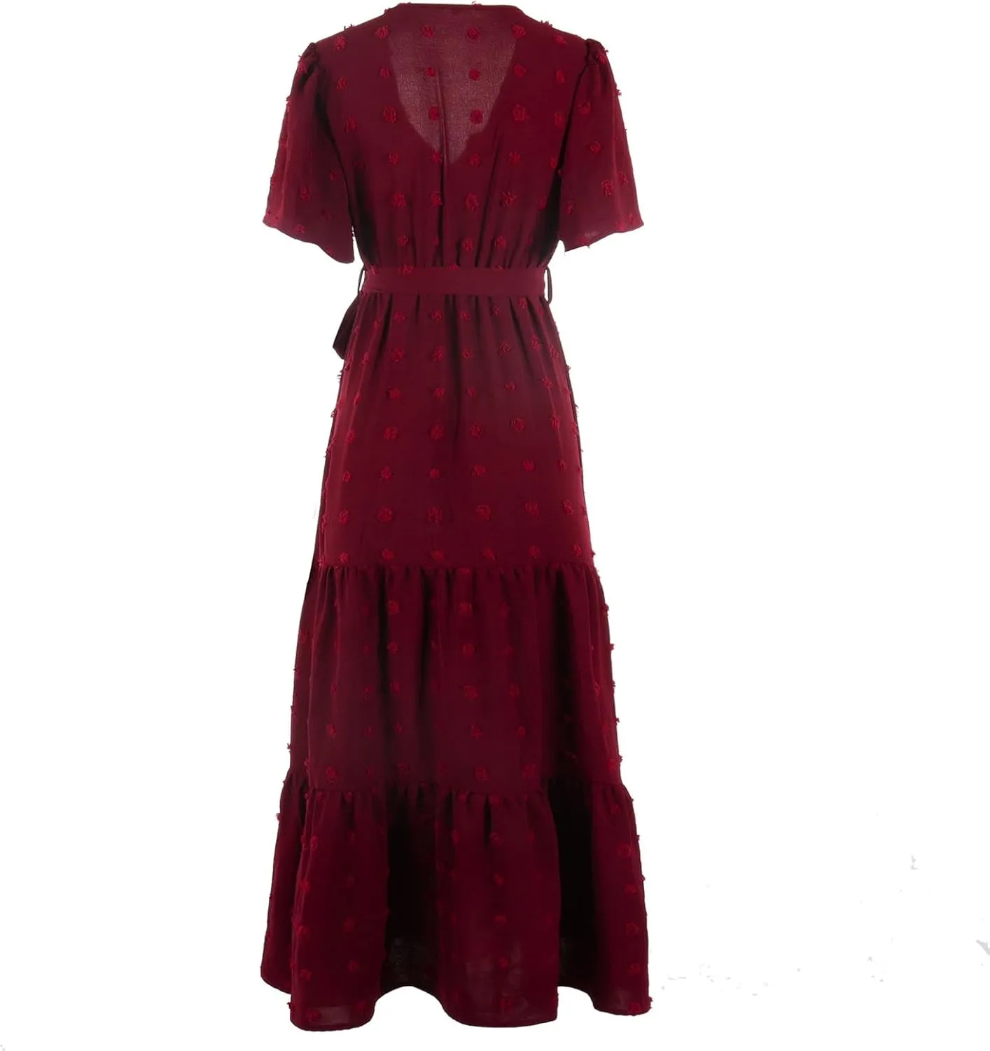 Womens Boho Swiss Dot Maxi Dresses Summer Wrap V Neck Flutter Short Sleeve Tie Belt A Line Tiered Flowy Long Dress