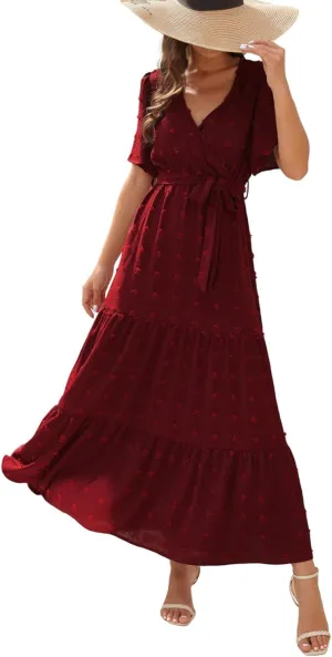 Womens Boho Swiss Dot Maxi Dresses Summer Wrap V Neck Flutter Short Sleeve Tie Belt A Line Tiered Flowy Long Dress