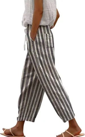 Women's Bottoms and Summer Casual Drawstring Pants Wide Leg Casual Cotton Linen Pants Work Pants Women Tummy Control