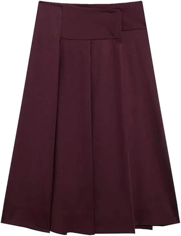 Women's Button - Solid Pleated A - Line Midi Skirt Women's Vintage High - Wait Skirts