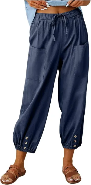 Women's Capri Pants Casual High Waist Cotton Linen Pants Summer Baggy Trouser with Pocket