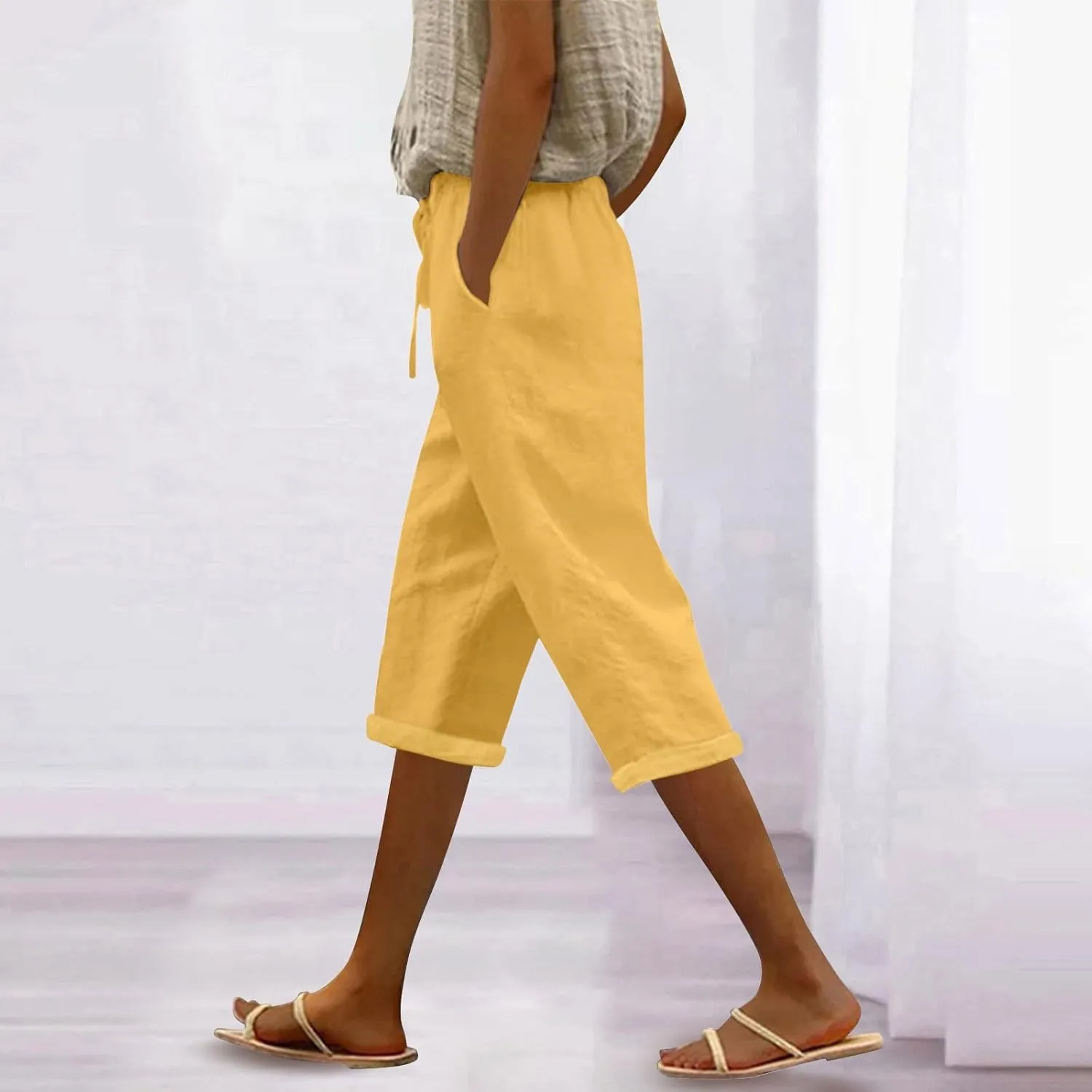 Womens Capris for Summer Cotton Linen Elastic Seven Pants Beach Casual Pants Linen Drawstring Loose Fit Summer Pants