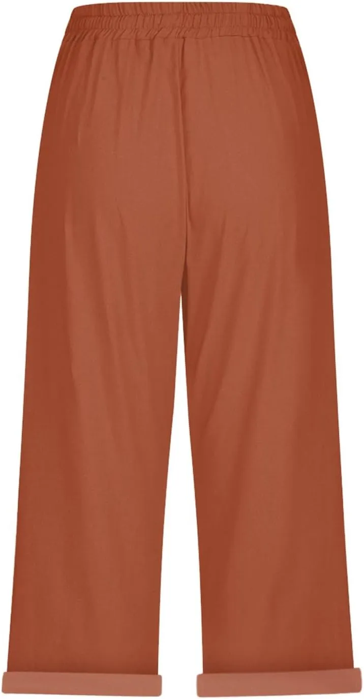 Womens Capris for Summer Cotton Linen Elastic Seven Pants Beach Casual Pants Linen Drawstring Loose Fit Summer Pants