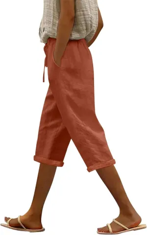Womens Capris for Summer Cotton Linen Elastic Seven Pants Beach Casual Pants Linen Drawstring Loose Fit Summer Pants