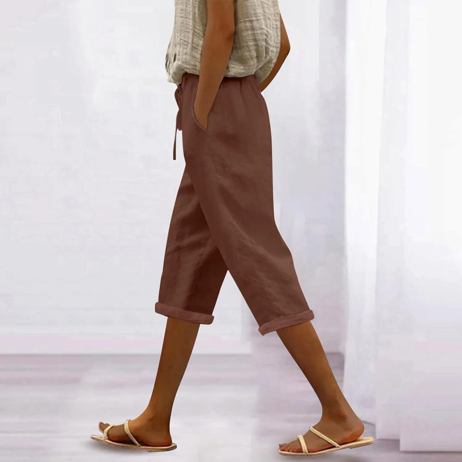Womens Capris for Summer Cotton Linen Elastic Seven Pants Beach Casual Pants Linen Drawstring Loose Fit Summer Pants