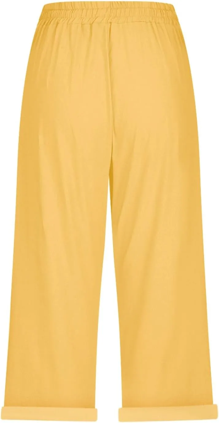 Womens Capris for Summer Cotton Linen Elastic Seven Pants Beach Casual Pants Linen Drawstring Loose Fit Summer Pants