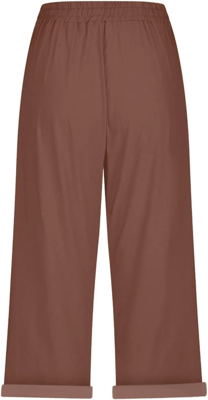 Womens Capris for Summer Cotton Linen Elastic Seven Pants Beach Casual Pants Linen Drawstring Loose Fit Summer Pants